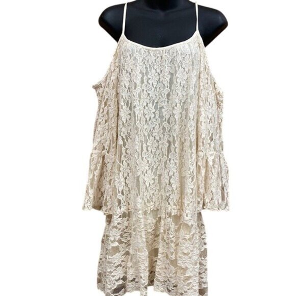 Cream Lace Off-Shoulder Layered Dress With Flared Sleeves L By Elan NWT - Picture 1 of 4